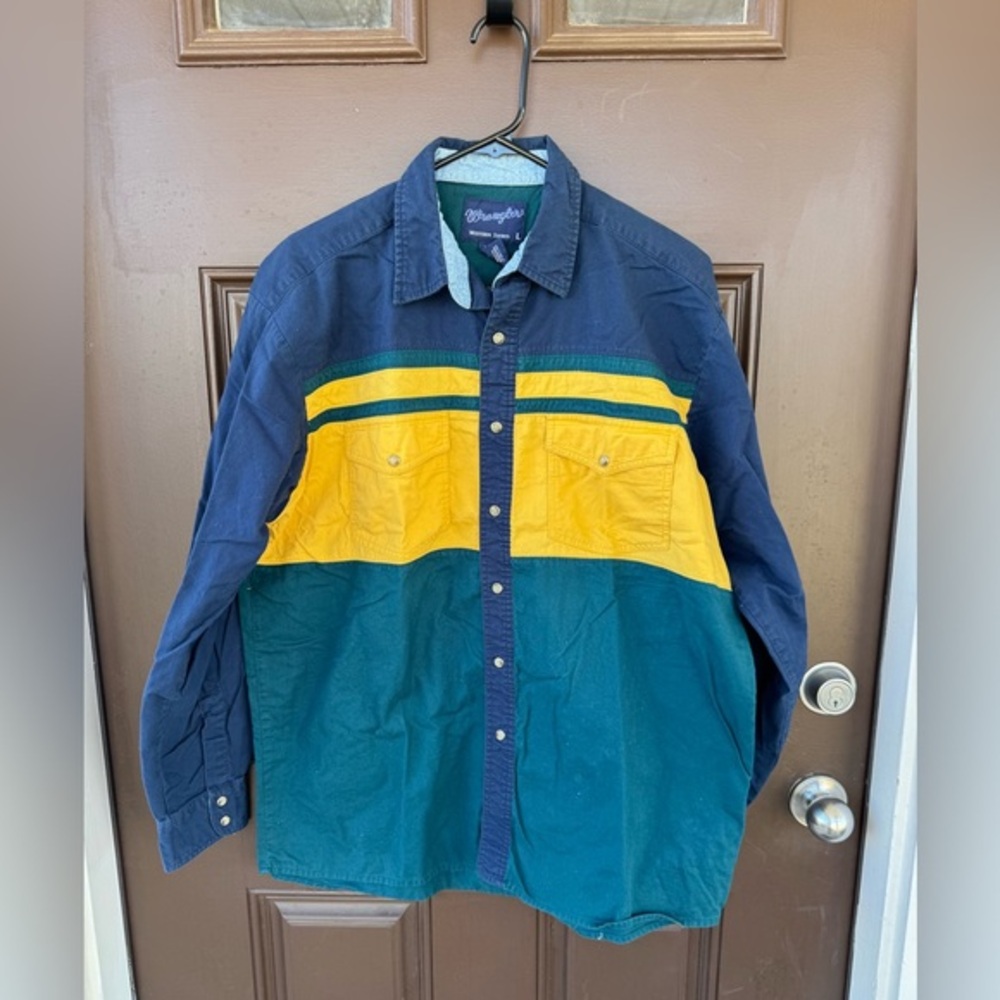 Vintage Wrangler Pearl Snap Button Up color block Shirt Western Cowboy Ranch